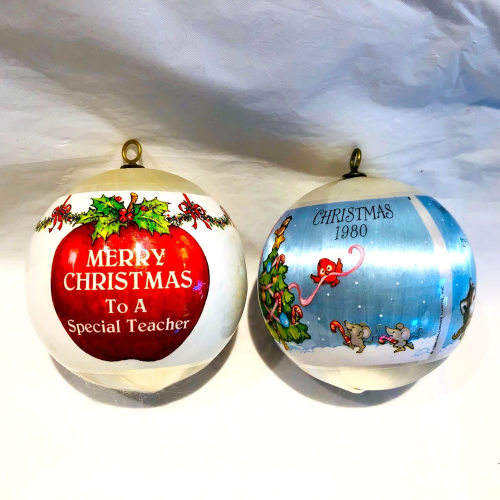 2 vintage 1980's Christmas Satin Ornaments - Teacher / Grandson / Hallmark